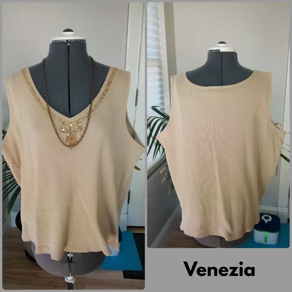 Venezia Tops - Venezia Tan Beaded & Sequined Tank